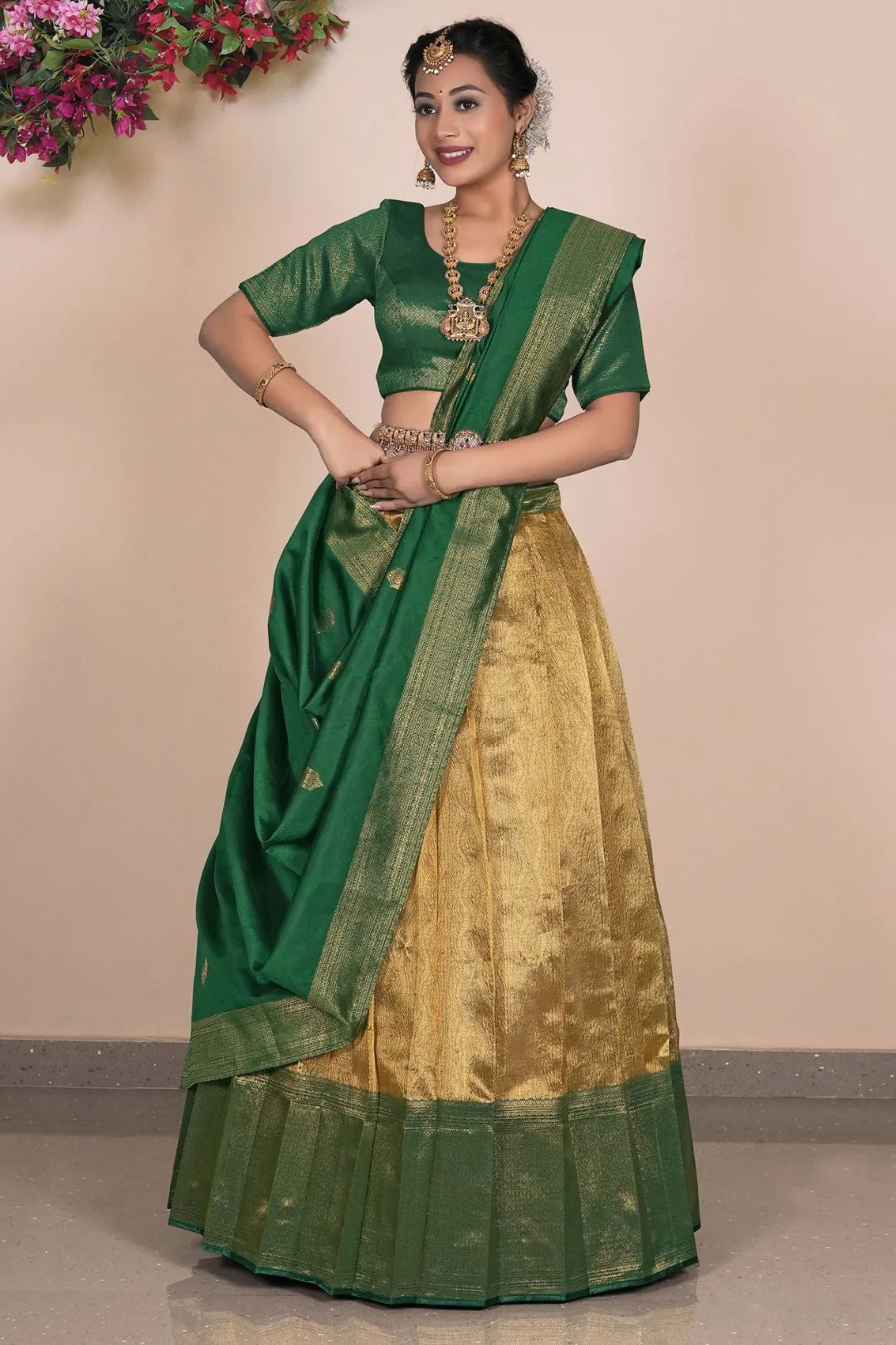 Gold Traditional Tissue Silk Lehenga Choli with Zari Work