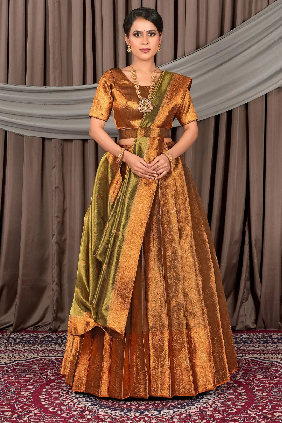 Gold Pure Two Tone Zari Tissue Pattu Half Saree For Women
