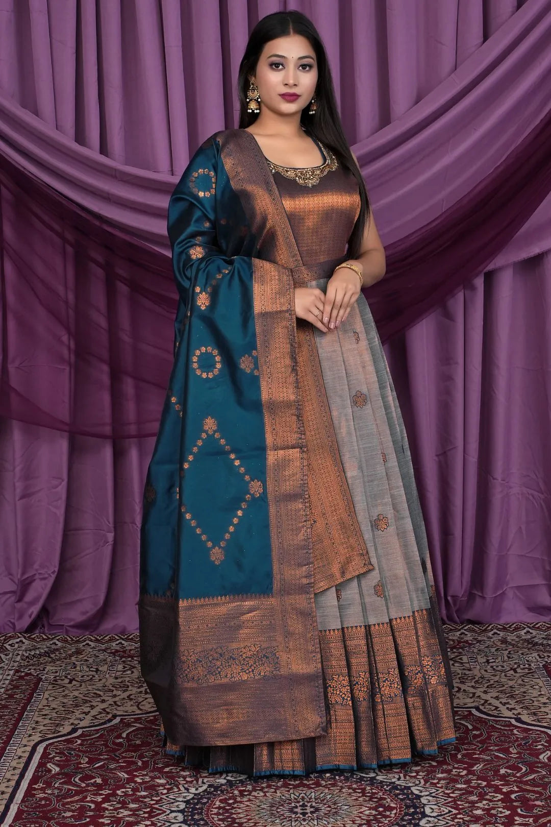 Gray Designer Banarasi Gown With Dupatta