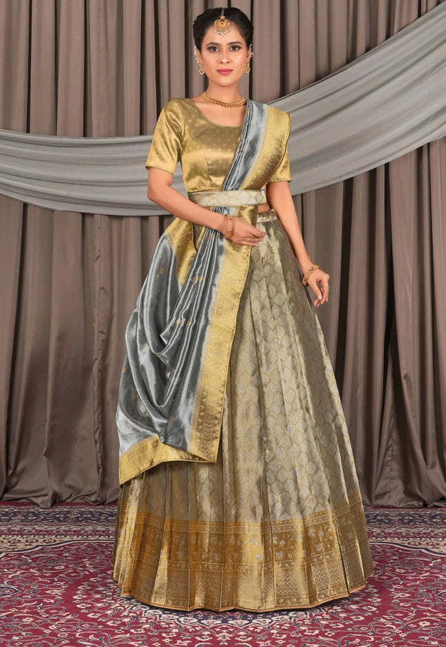 Gray Pure Two Tone Zari Tissue Pattu Half Saree For Women