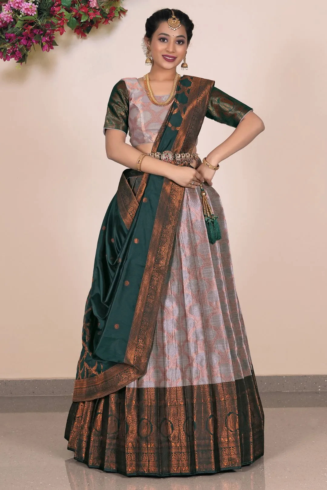 Gray Banarasi Silk Lehenga With Zari Woven