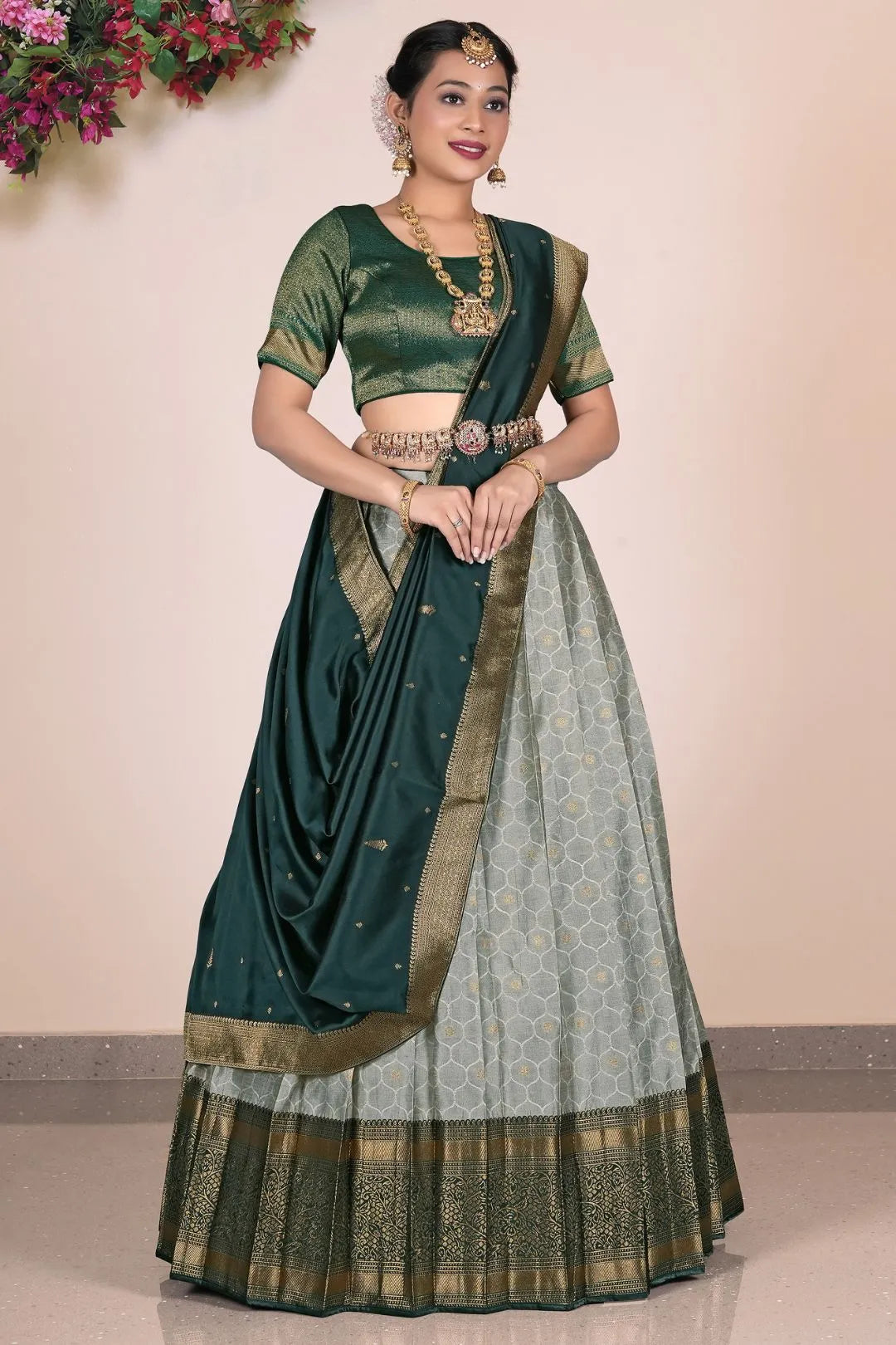 Gray Banarasi Silk Pattu Pavadai For Women