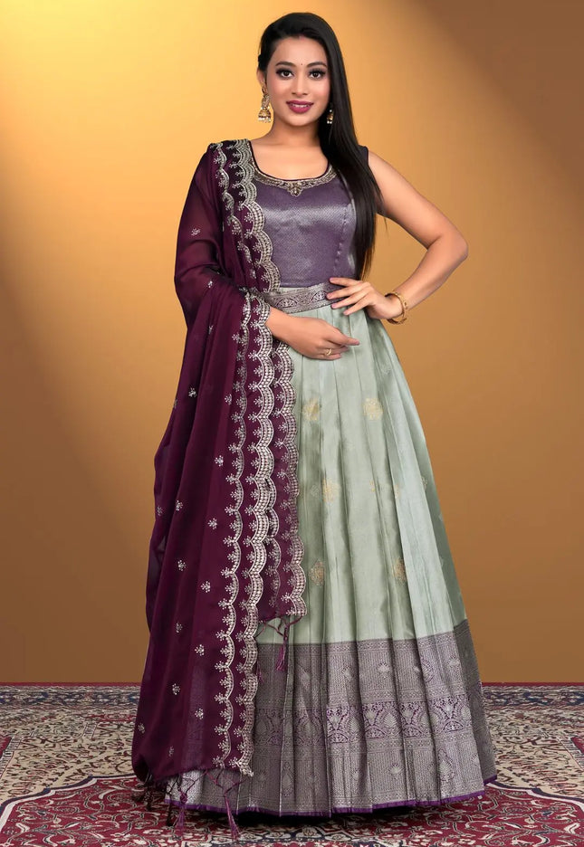 Woman wearing a traditional outfit with a purple and gray gown with dupatta