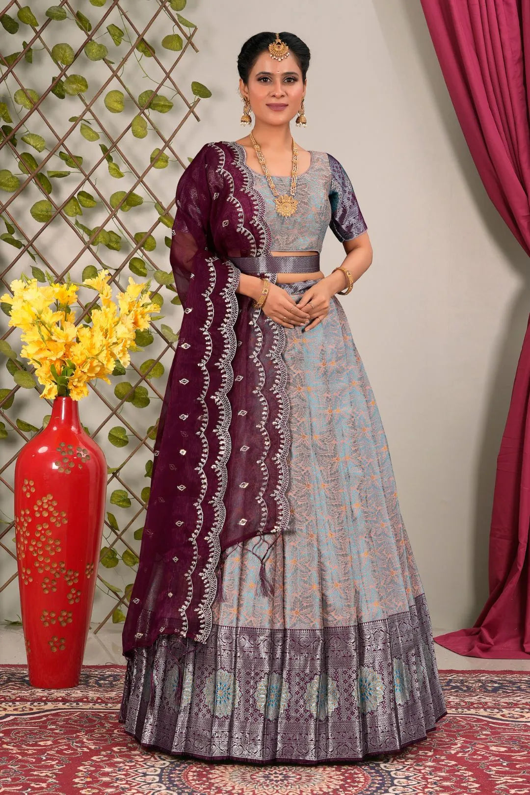Gray Jacquard Silk Lehenga Choli for Women