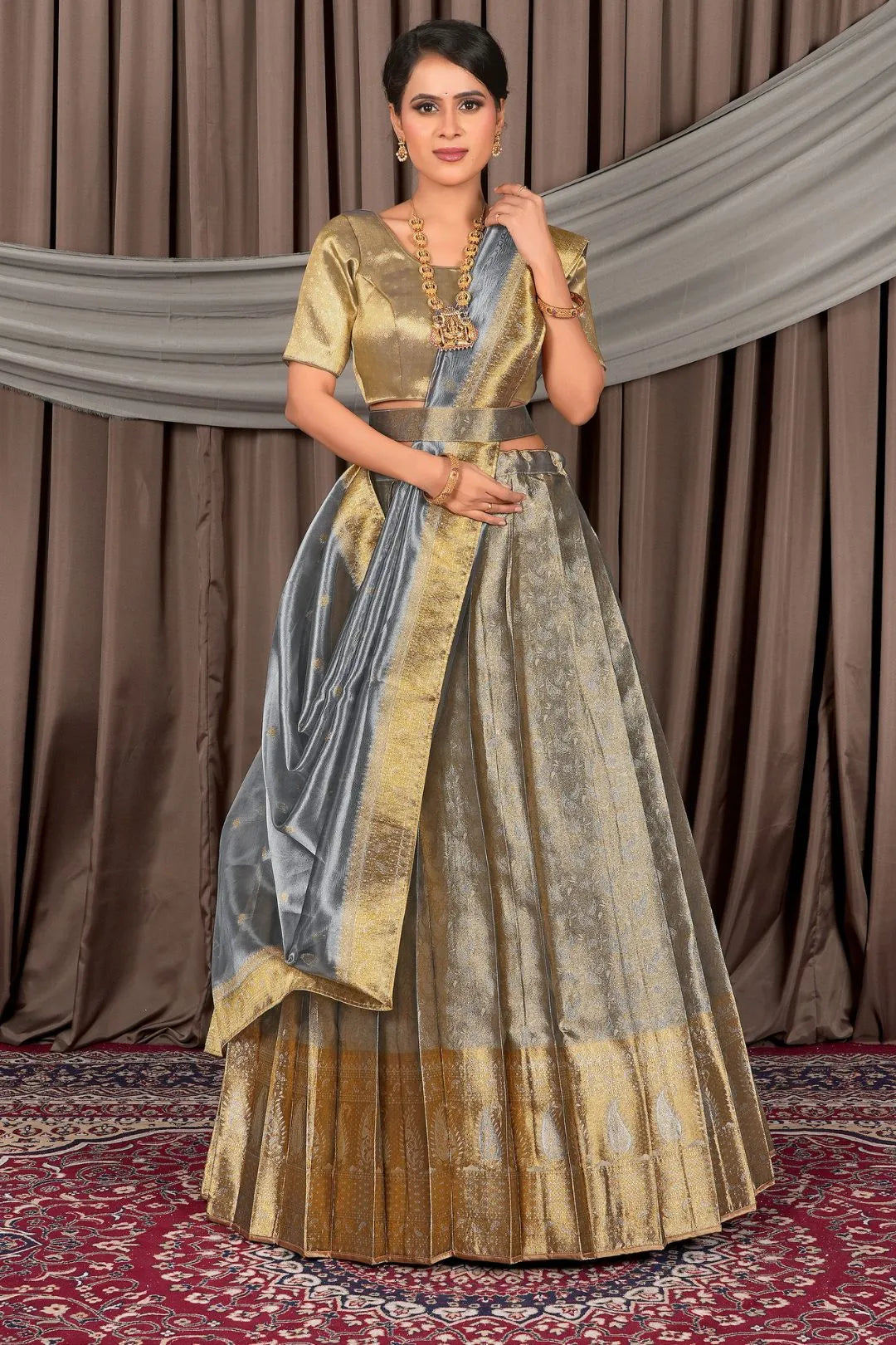 Gray Pure Two Tone Zari Tissue Pattu Half Saree For Women