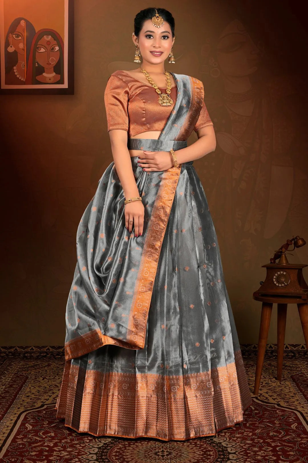Gray Tissue Silk Zari Work Lehenga Choli For Women