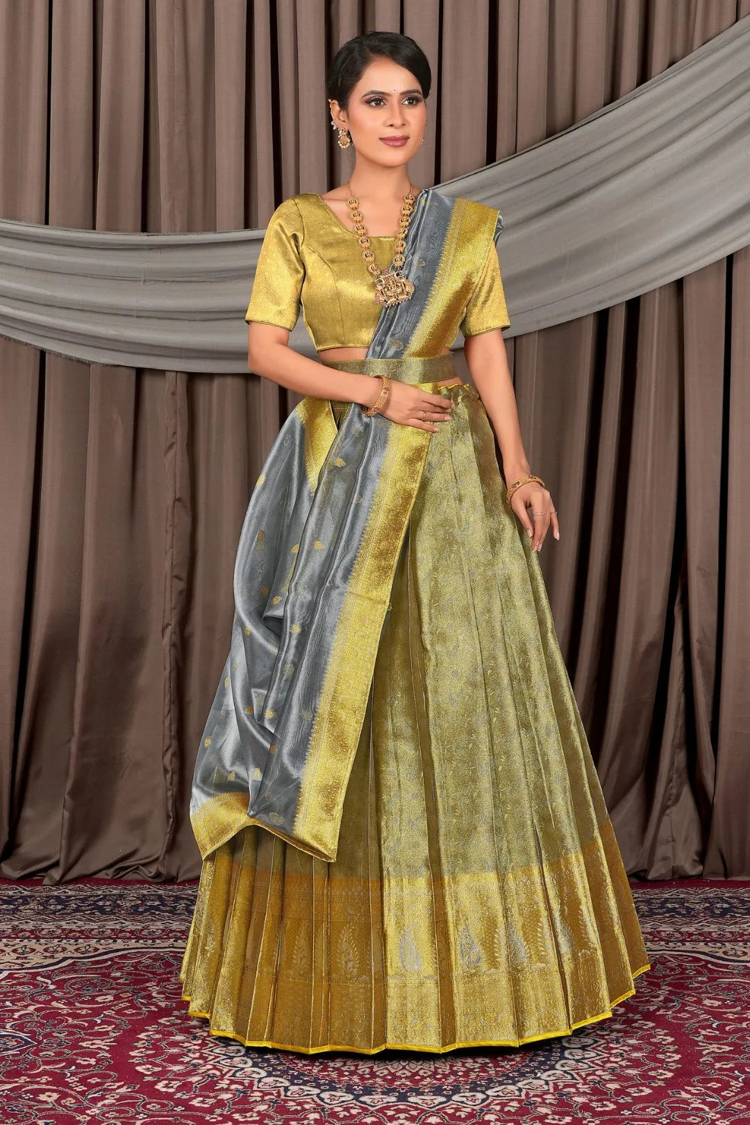 Gray Pure Two Tone Zari Tissue Pattu Half Saree For Women