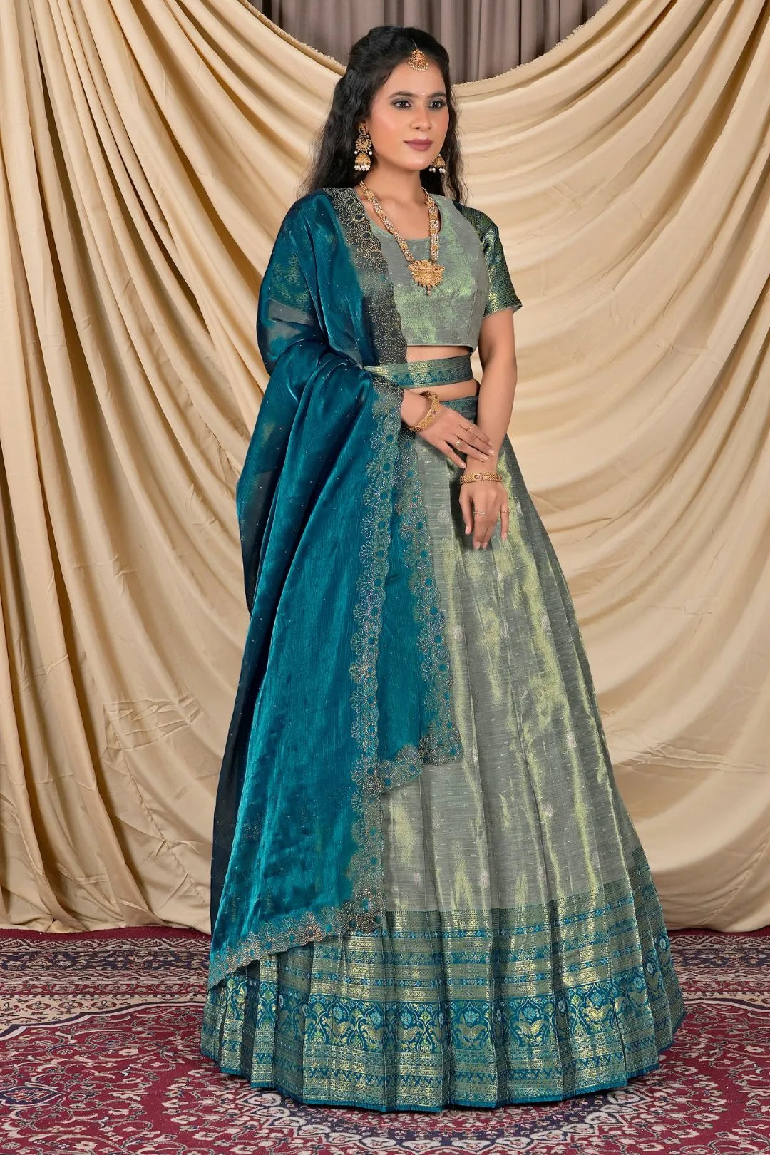 Gray Zari Silk Lehenga Choli With Zari Woven
