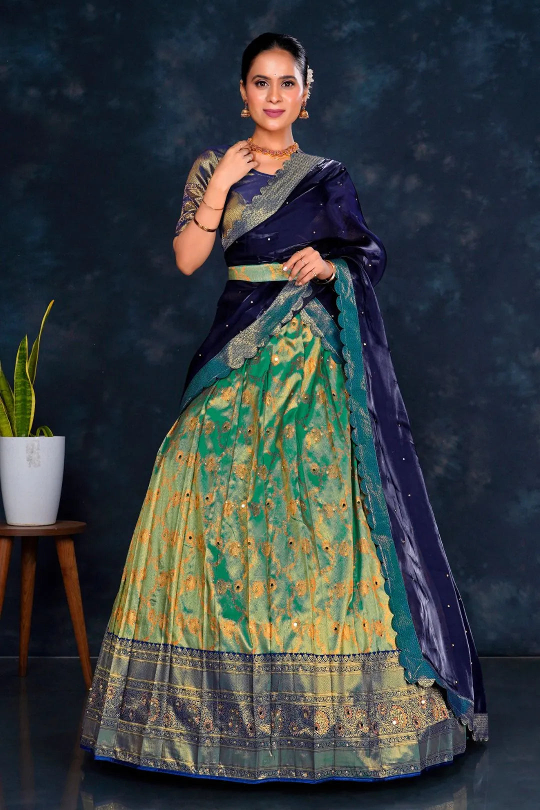 Green Banarasi Designer Half Saree For Women