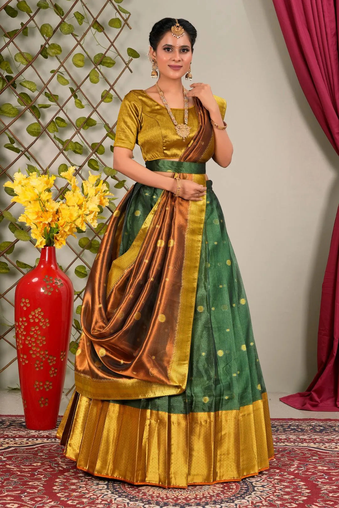 Green Banarasi Silk Half Saree For Women