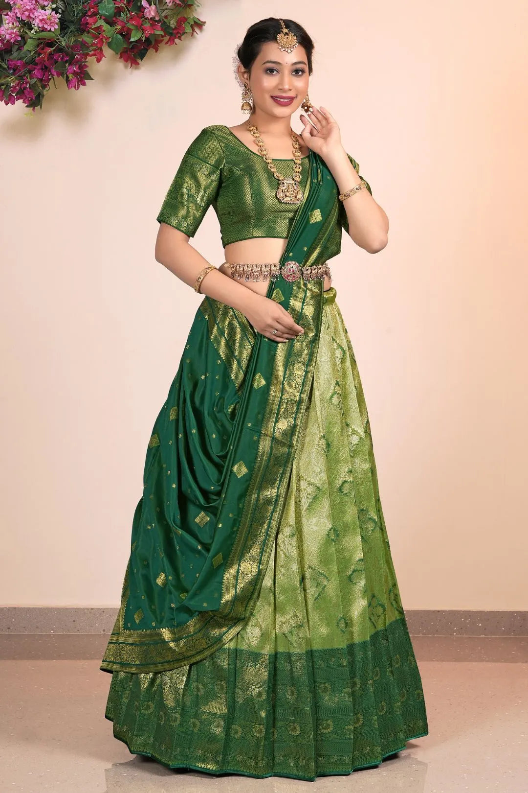 Green Banarasi Silk Half Saree With Zari Weaving