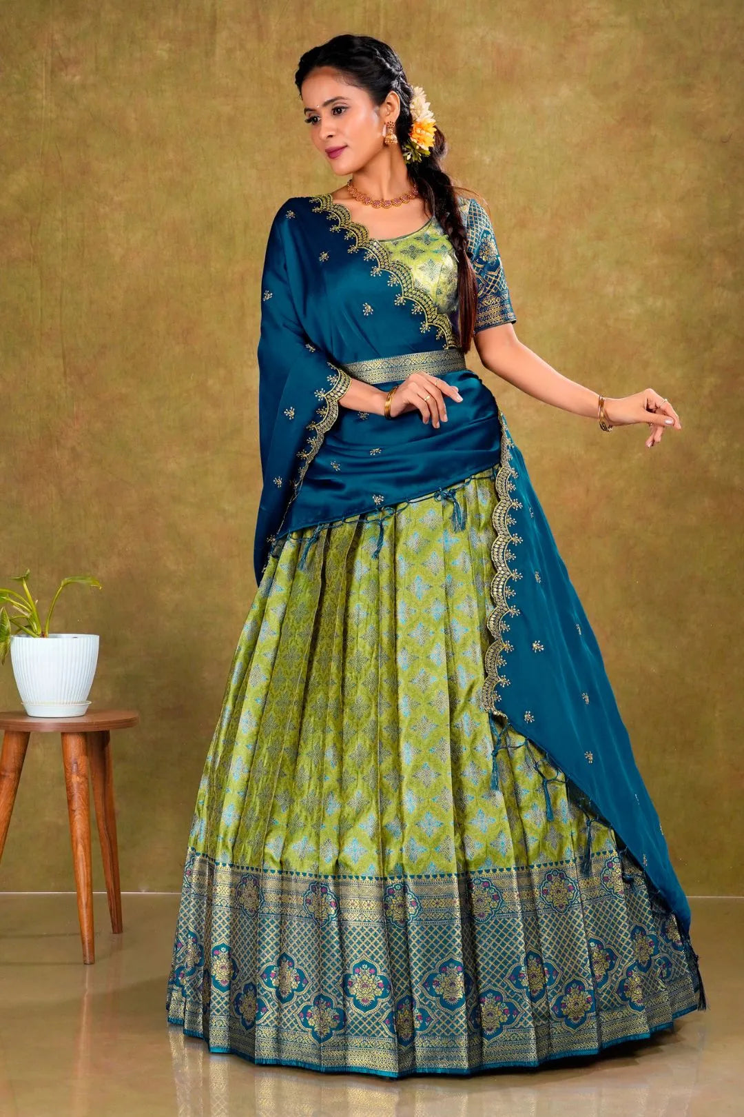 Green Banarasi Silk Lehenga Choli For Women