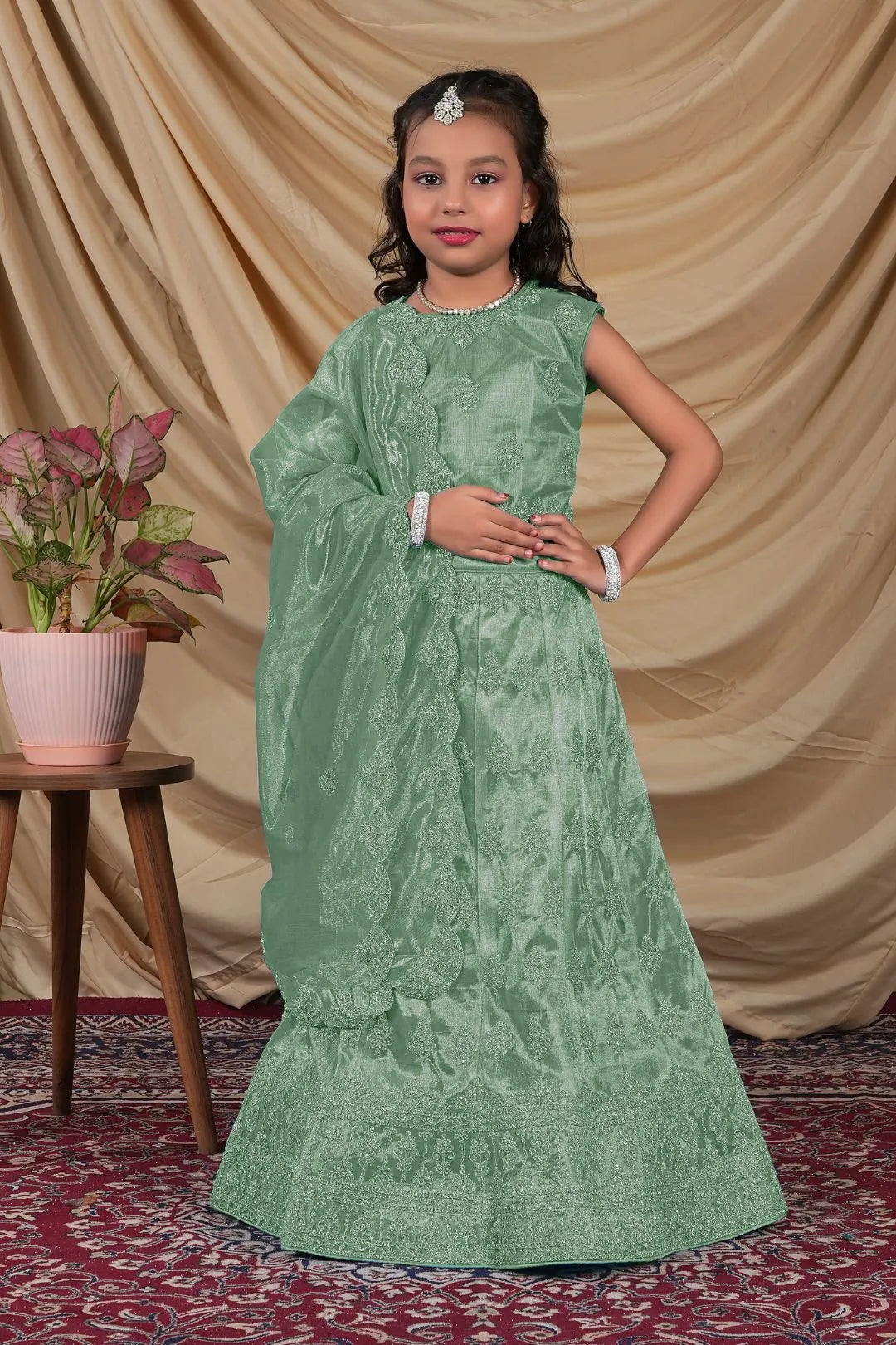Green Colour Kids Readymade Lehenga Choli