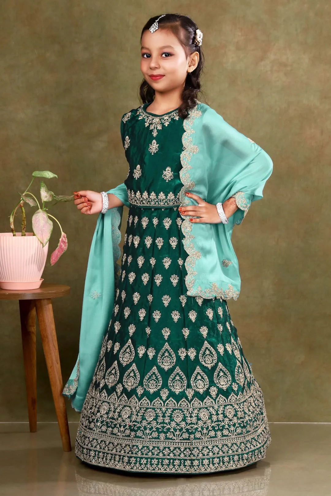 Green Colour Kids Readymade Lehenga For Girls