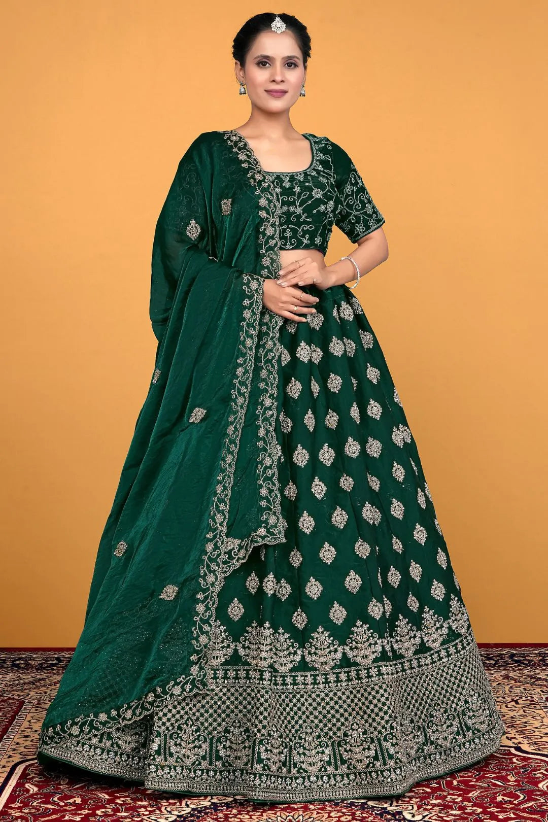 Green Fendy Silk Embroidered Semi-Stitched Lehenga Choli
