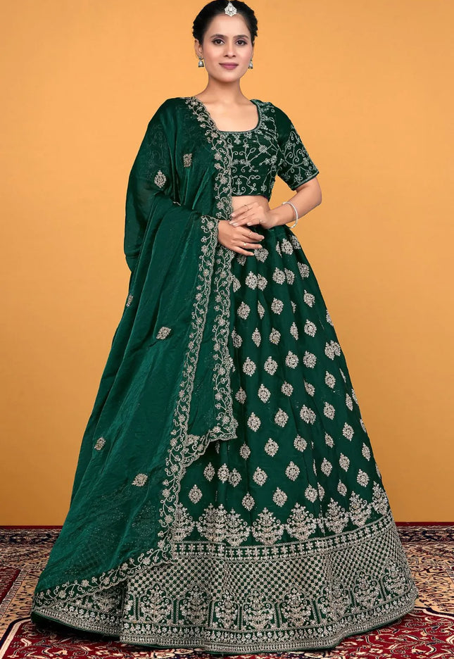 Green Fendy Silk Embroidered Semi-Stitched Lehenga Choli