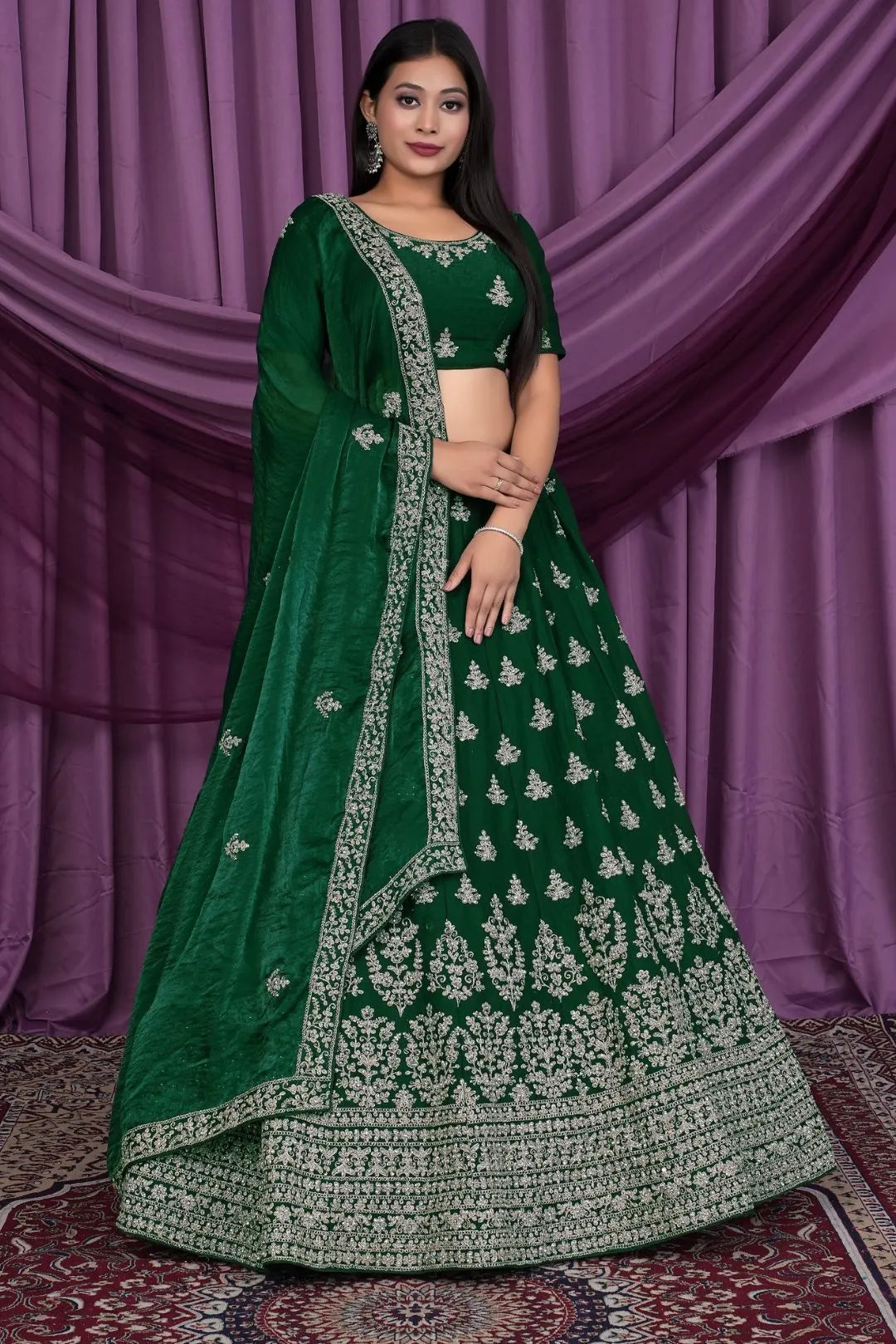 Green Fendy Silk Pattu Lehenga With Embroidery Work