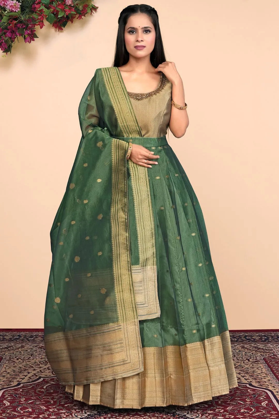 Green Latest Tissue Silk Gown with Zari Work