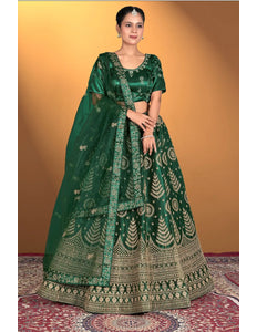 Green Net Lehenga Choli For Women With Embroidery Work