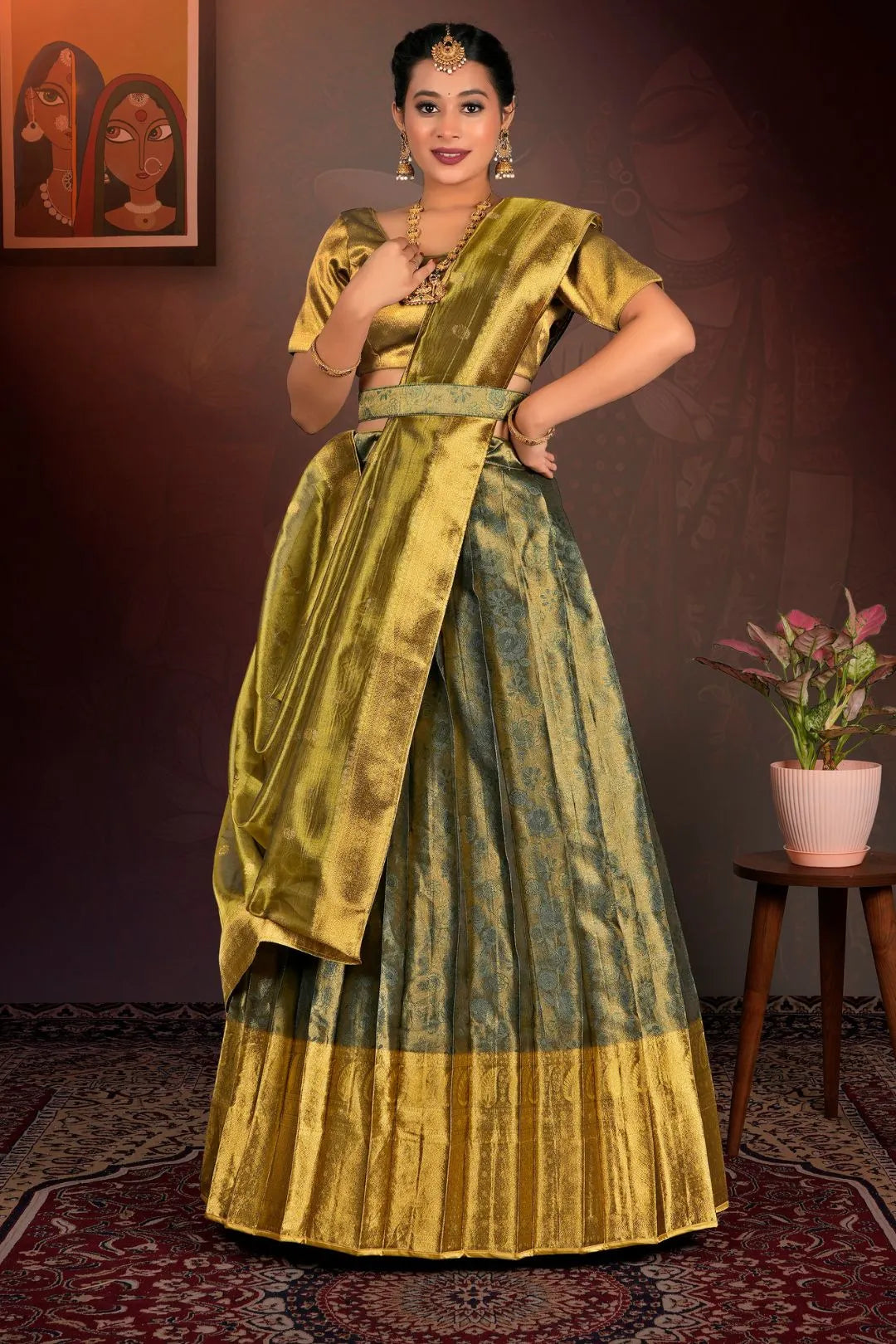 Green Pure Two Tone Zari Tissue Lehenga Choli with Zari Work