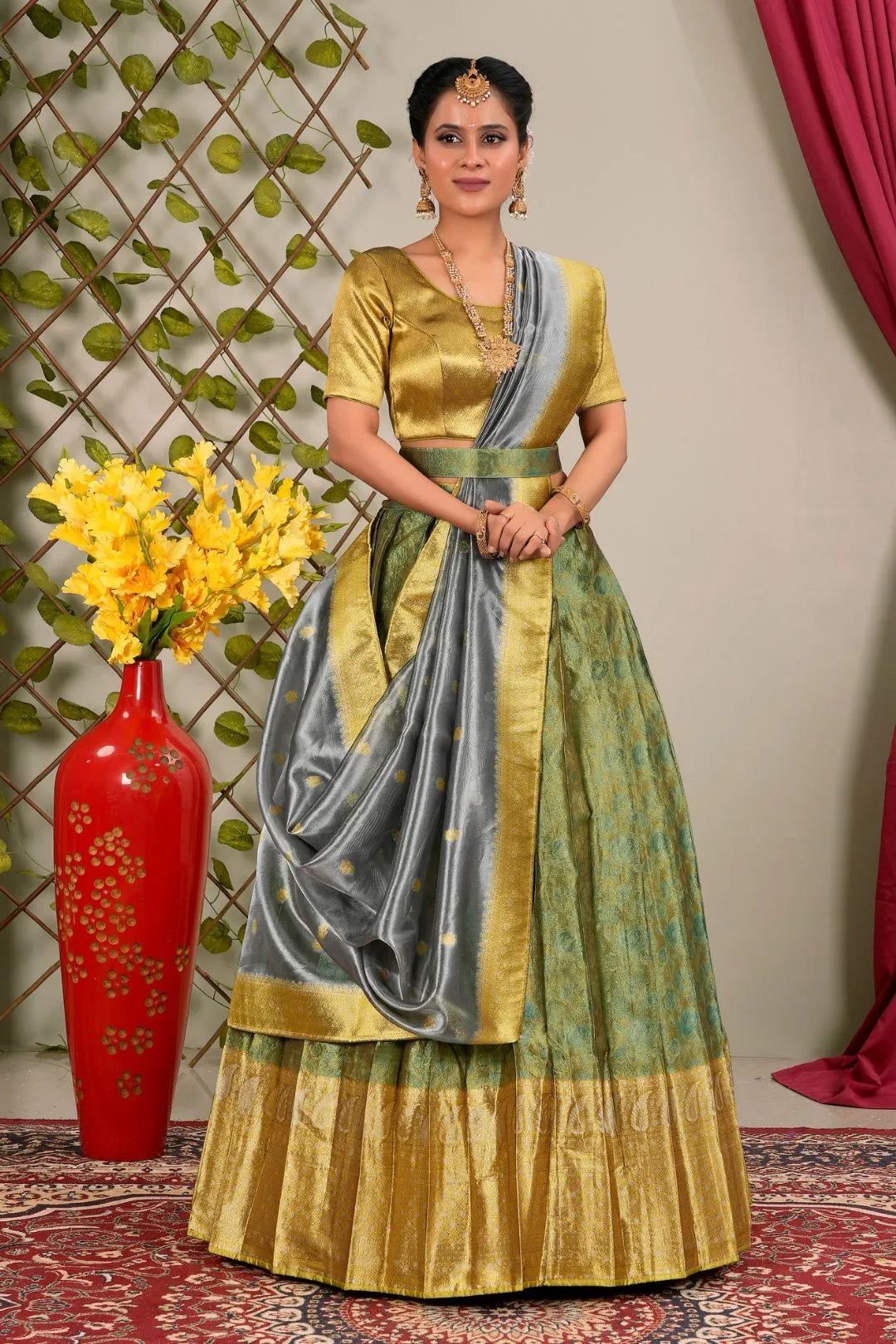 Green Pure Two Tone Zari Tissue Pattu Lehenga Choli