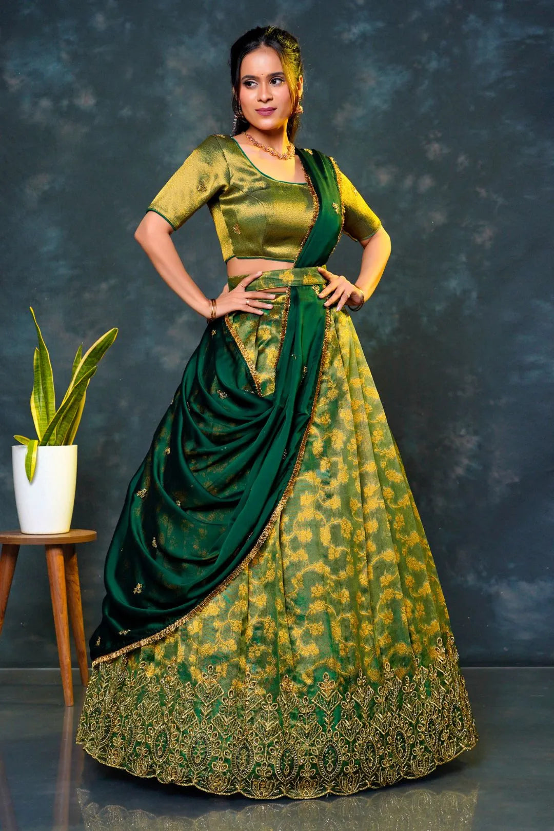 Green Tissue Silk Lehenga Choli With Zari Woven