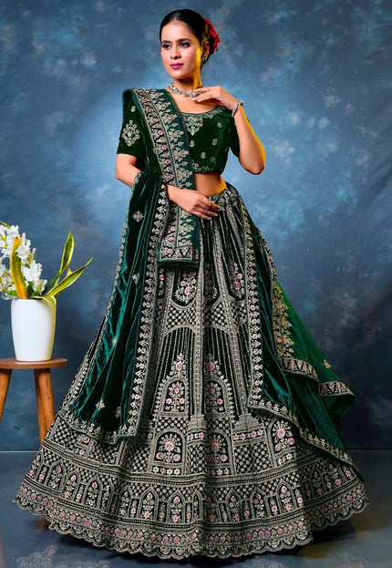 Green Velvet Designer Bridal Lehenga Choli with Double Dupatta