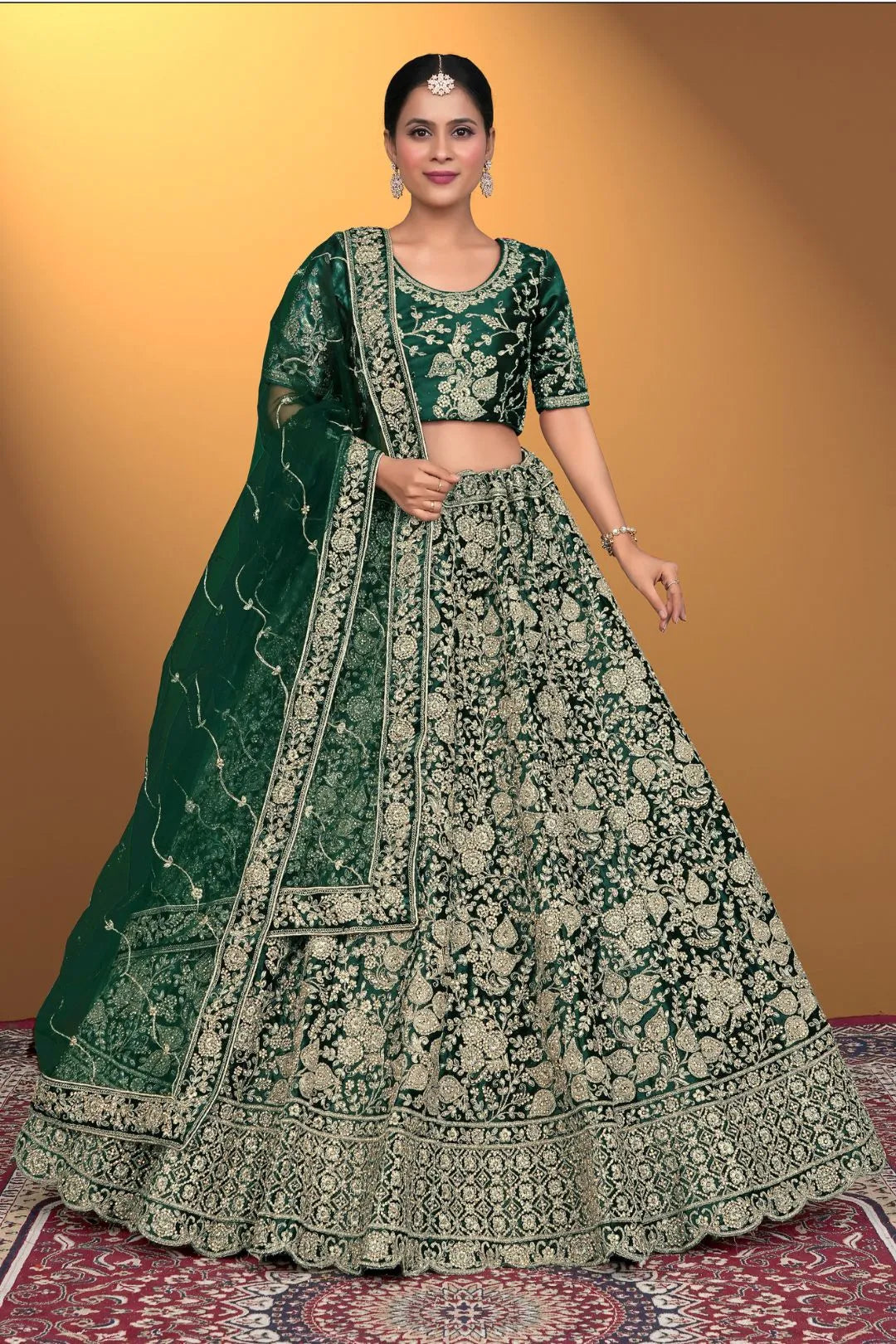 Green Velvet Lehenga Choli With Net Dupatta For Women