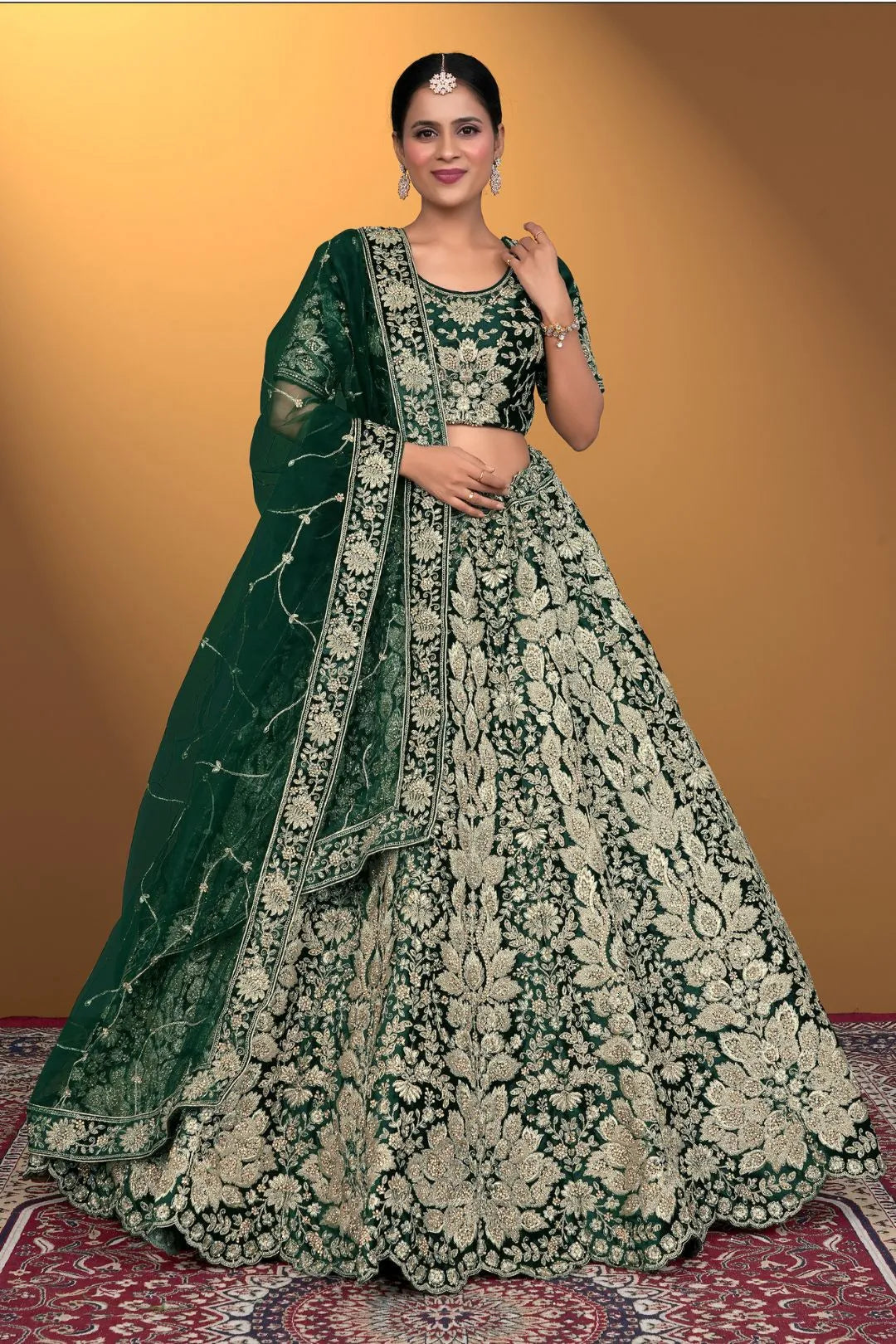 Green Velvet Lehenga Choli With Net Dupatta For Women