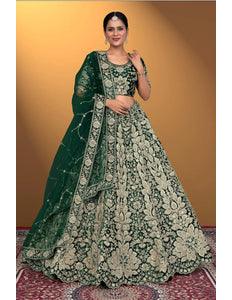 Green Velvet Lehenga Choli With Net Dupatta For Women