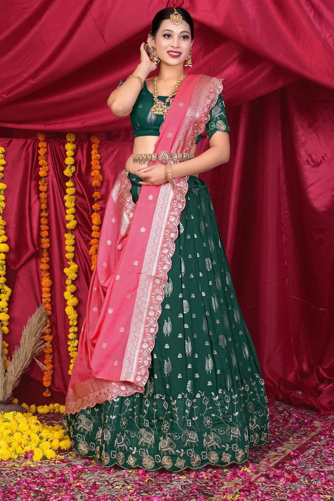 Green Viscose Jacquard Pattu Lehenga Choli With Zari Work