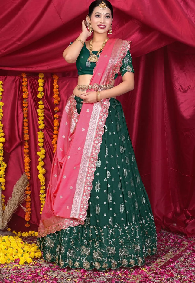 Green Viscose Jacquard Pattu Lehenga Choli With Zari Work