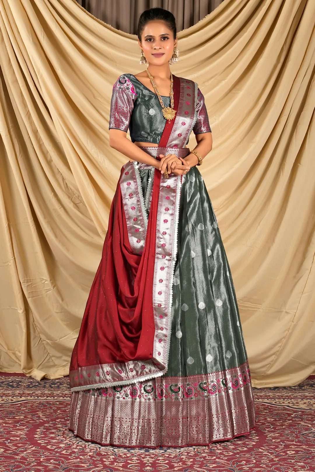 Green Zari Banarasi Silk Half Saree For Women