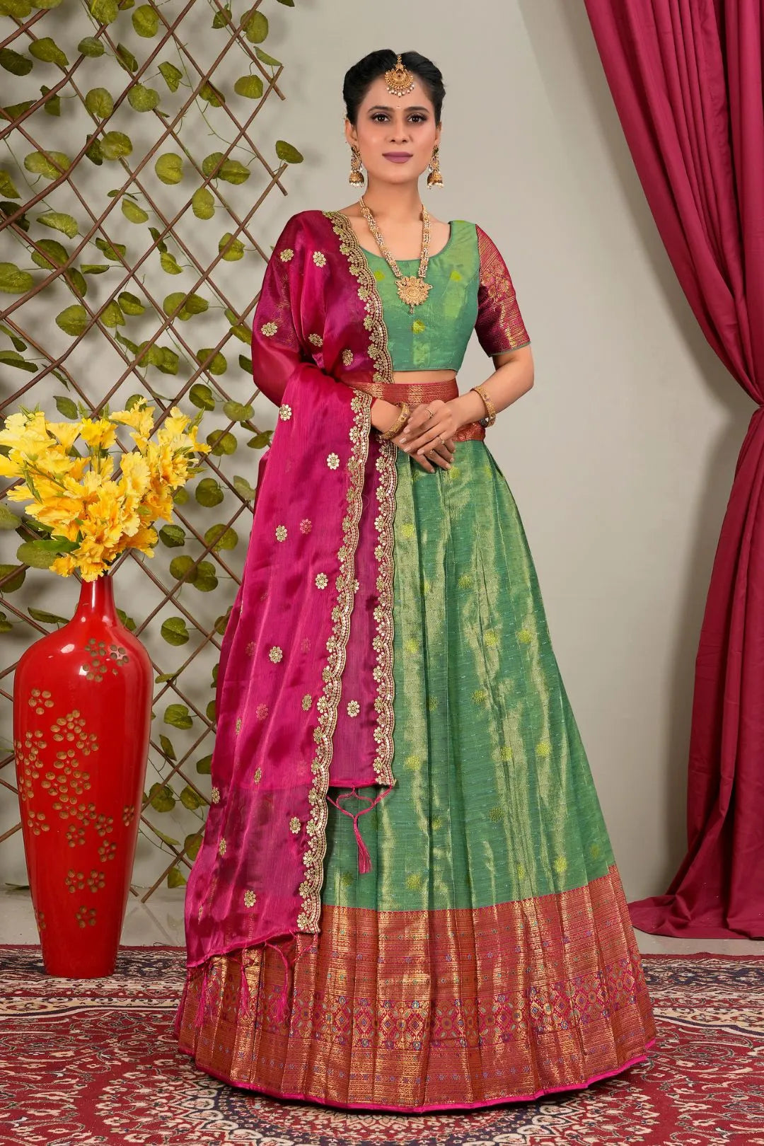 Green Zari Silk Semi-Stitched Lehenga For Women