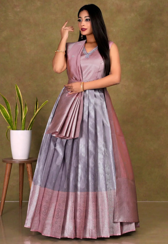 Woman wearing a two-tone long frock gown with dupatta