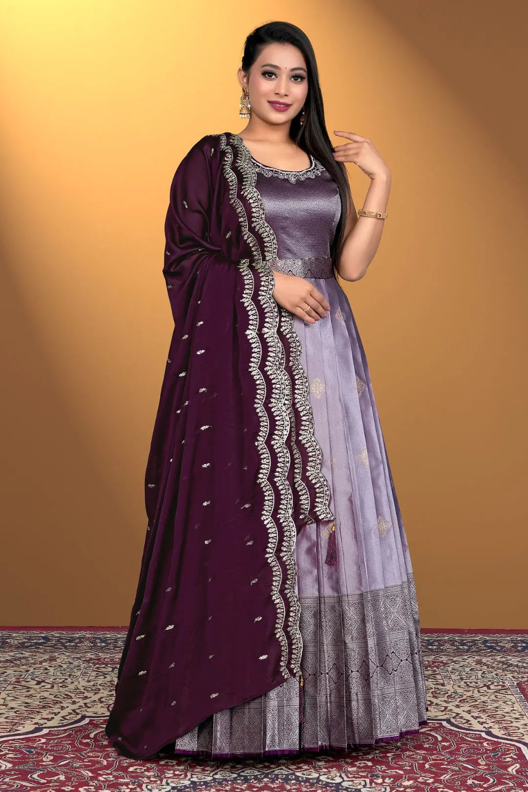 Lavender Banarasi Silk Zari Woven Gown With Dupatta