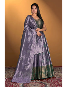 Lavender Banarasi Silk Zari Woven Gown With Dupatta