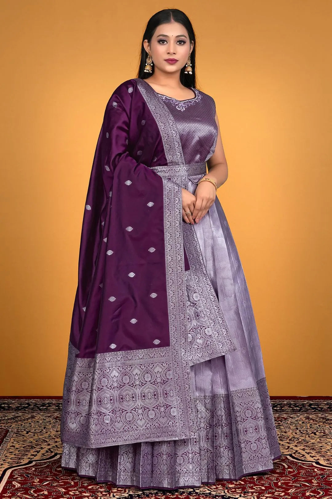 Lavender Designer Banarasi Gown With Dupatta