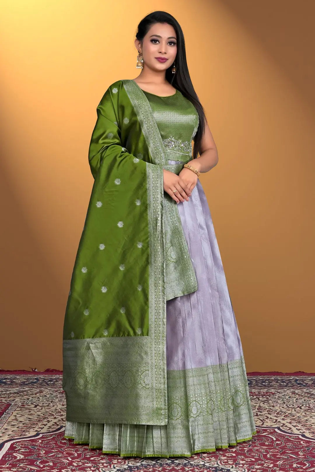Woman wearing a green and purple traditional outfit