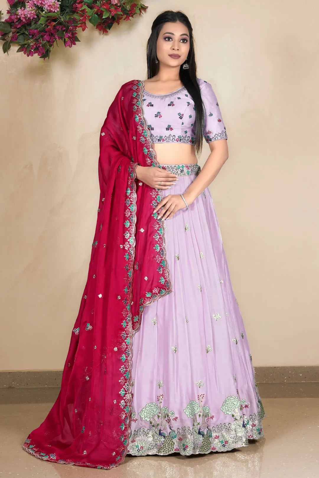Lavender Embroidered Lehenga Choli In Satin Chiffon Fabric
