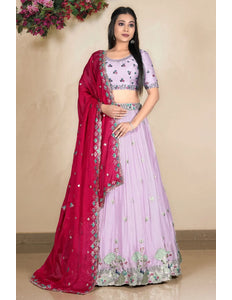 Lavender Embroidered Lehenga Choli In Satin Chiffon Fabric