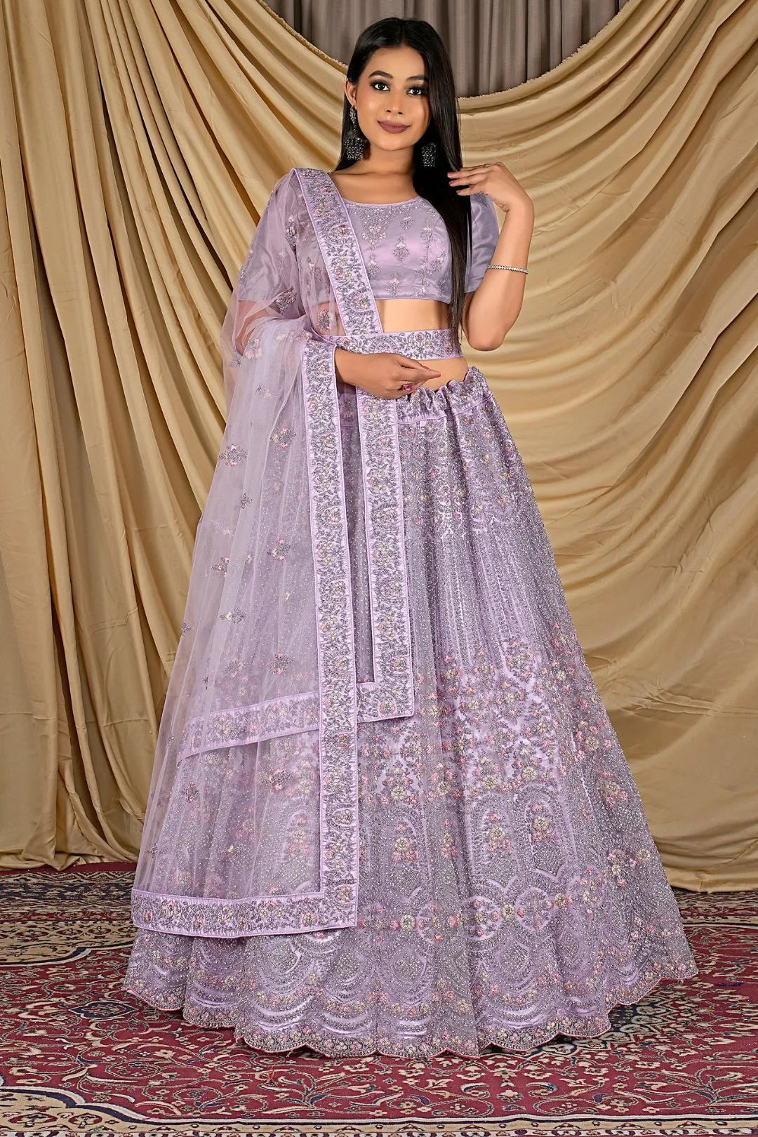 Lavender Party Wear Embroidered Net Lehenga Choli For Women