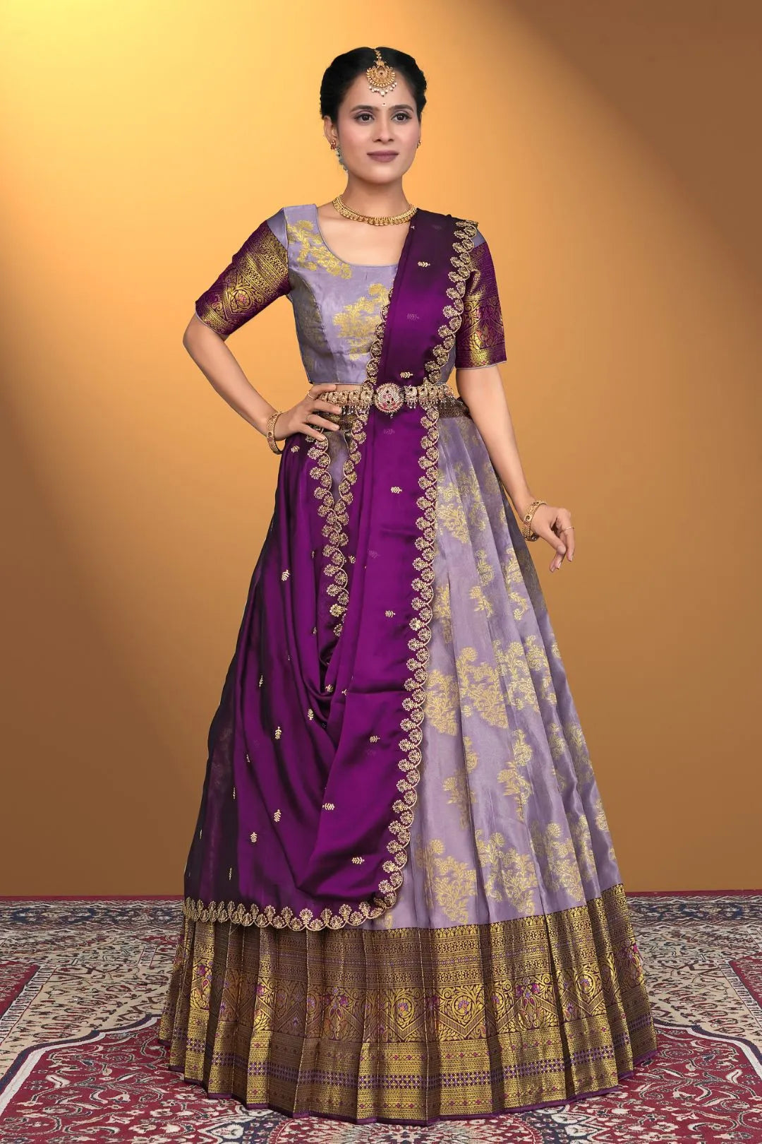Lavender Semi-Stitched Lehenga Choli In Banarasi Silk