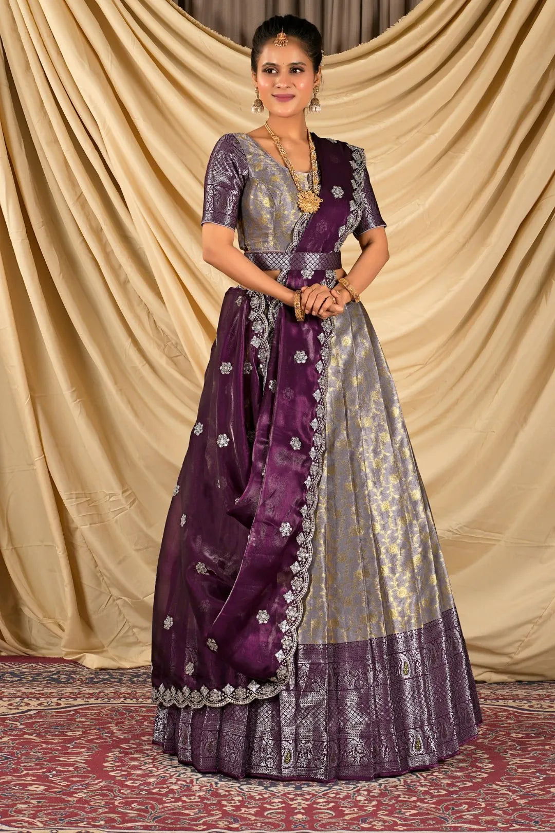 Lavender Zari Tissue Half Saree with Zari Woven For Women
