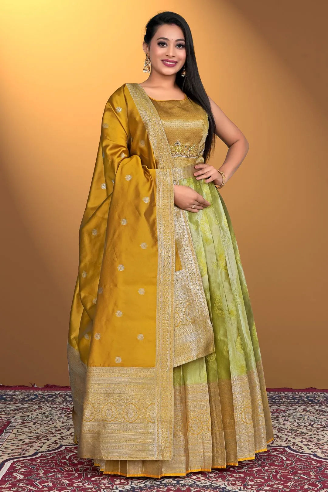 Lemon Designer Banarasi Gown With Dupatta