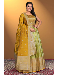 Lemon Designer Banarasi Gown With Dupatta
