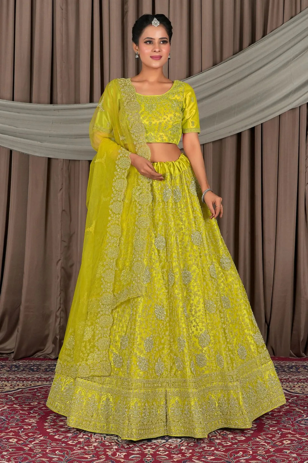 Lemon Embroidered Bridesmaid Lehenga Choli In Net