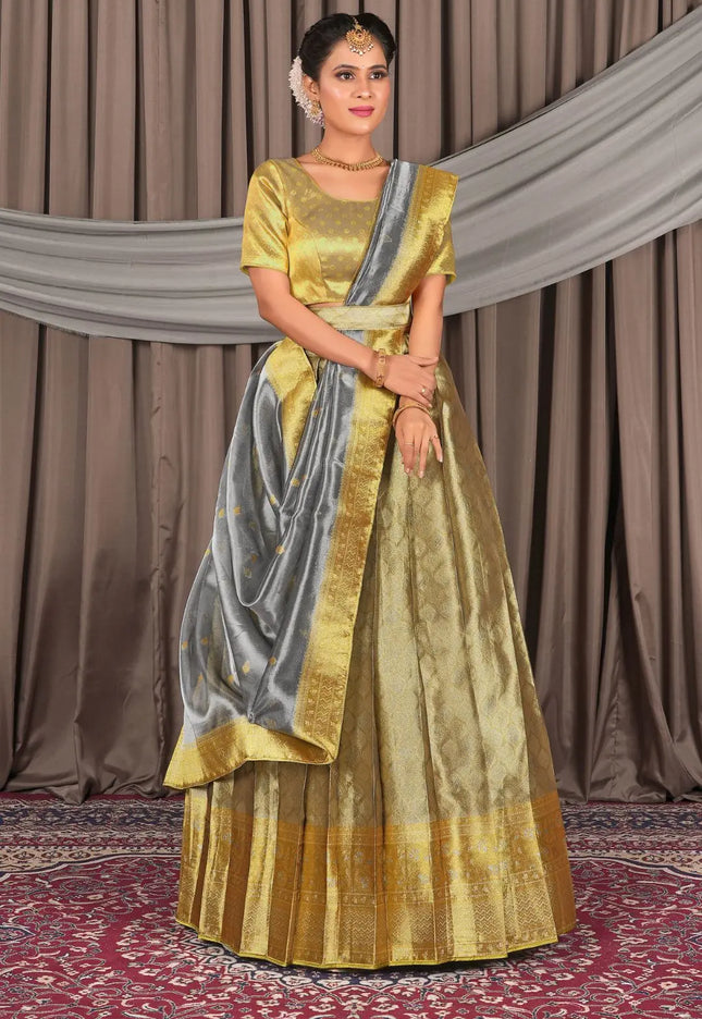 Woman wearing a traditional gold and silver lehenga choli with dupatta