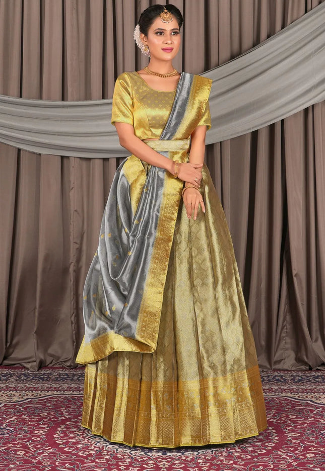 Light Gold Pure Two Tone Zari Tissue Pattu Half Saree For Women