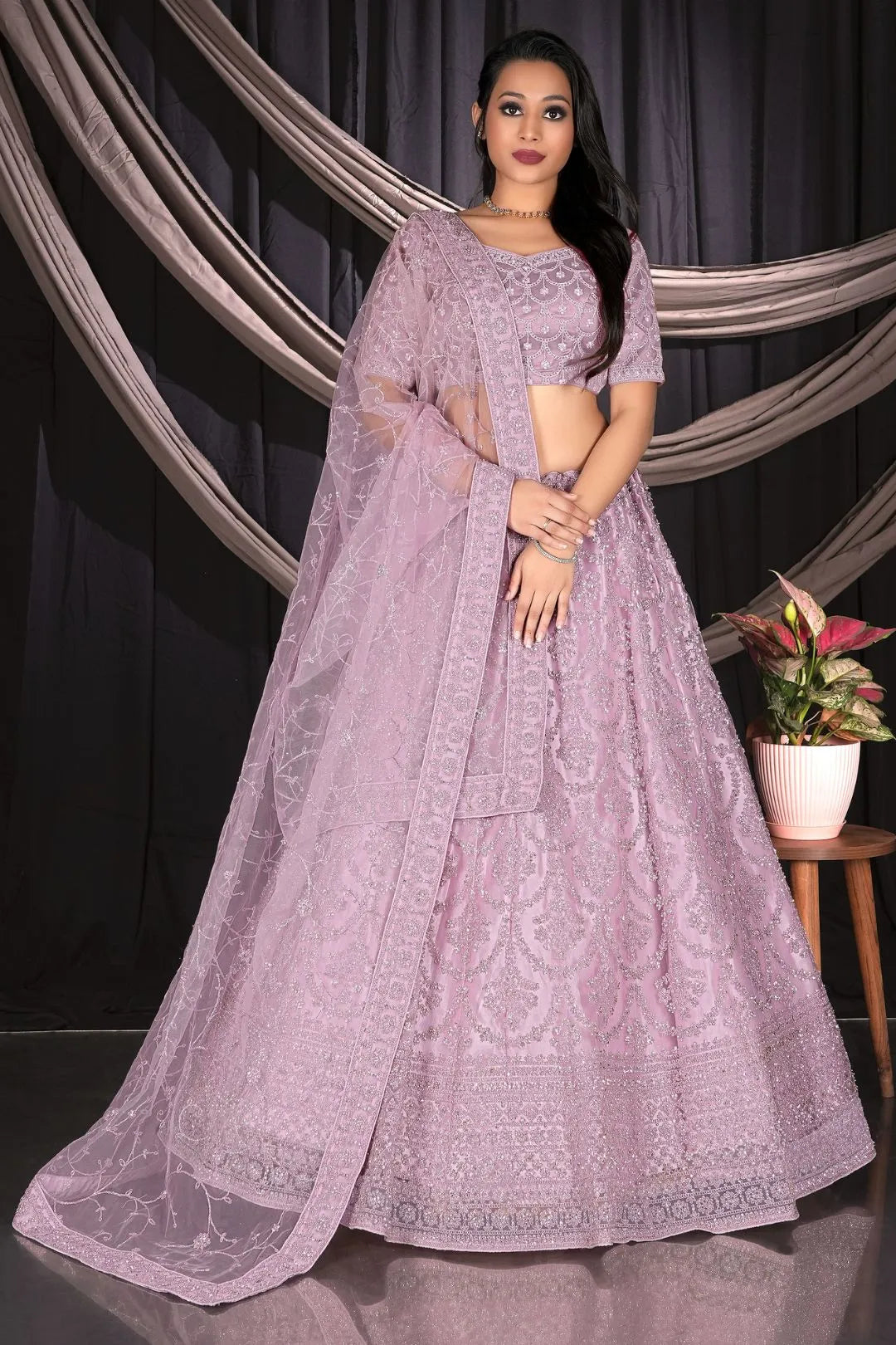 Light Pink Net Semi Stitch Embroidered Lehenga Choli For Women